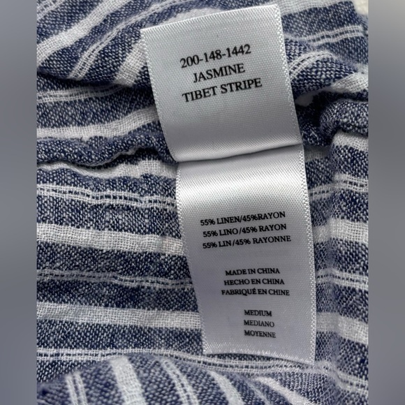 Rails Jasmine Tibet Stripe Blue White Linen Dress Long Sleeve Smocked Womens M - Picture 6 of 8